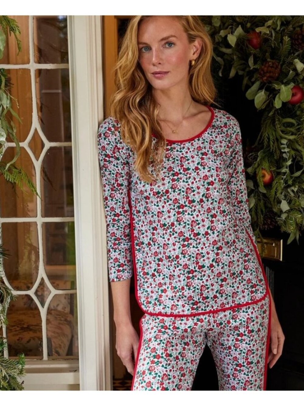 LAKE Elizabeth Floral Pajama Top Only Size MC Christmas Holiday